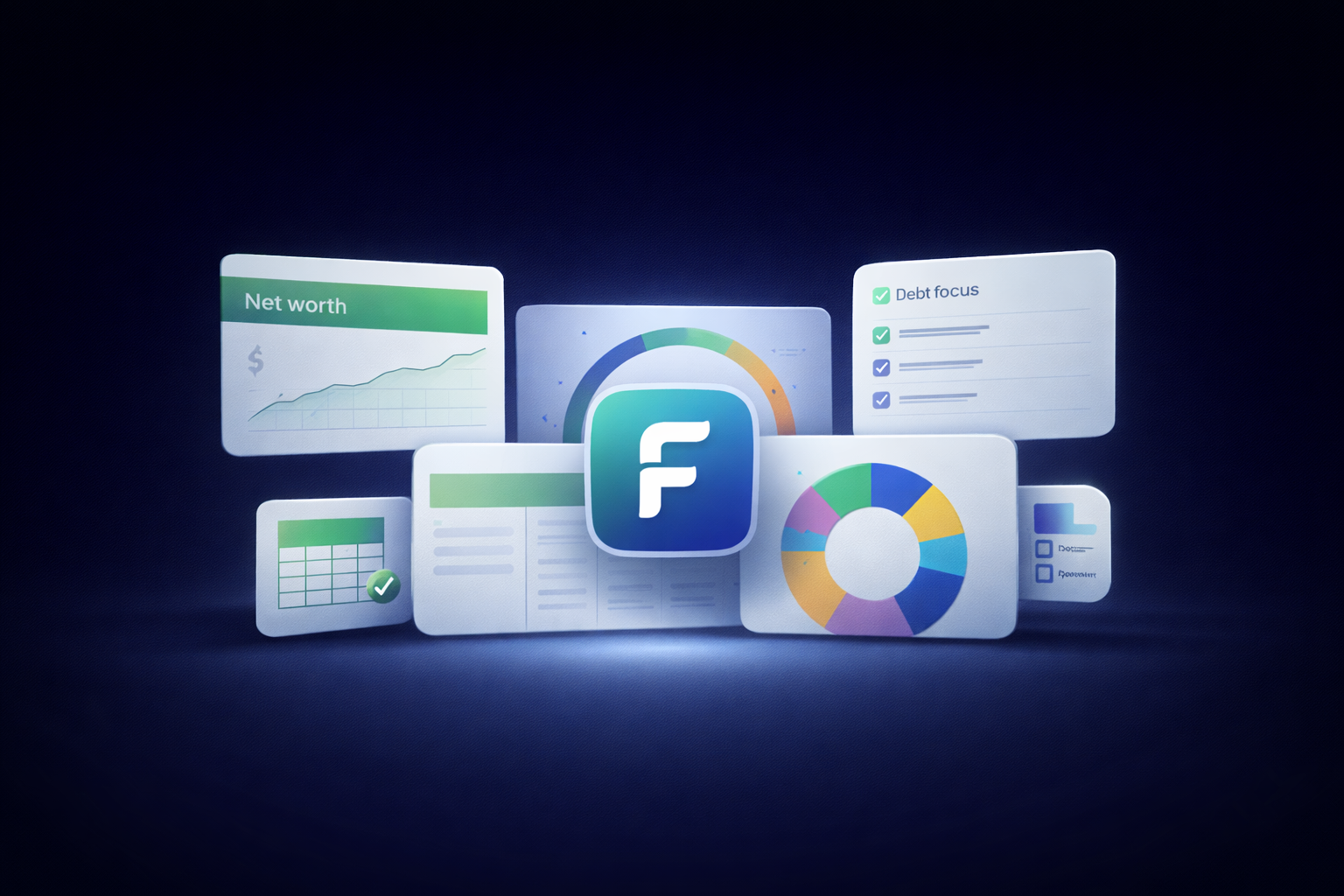 Quicken Learn hub hero illustration (dashboard cards, snapshot, next steps)